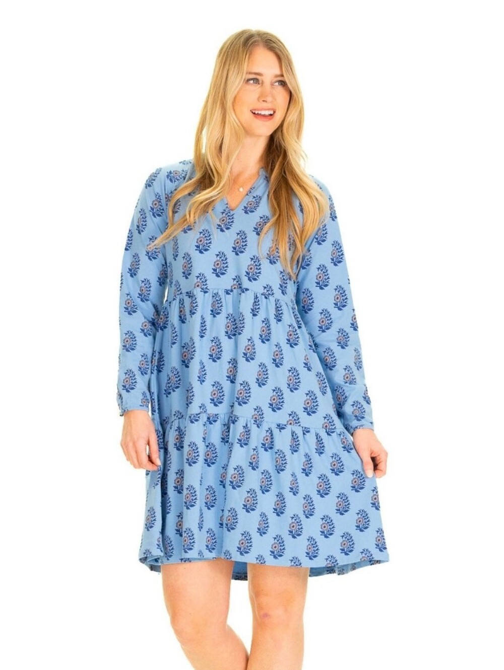 Duffield Lane Blue Fall Posy Floral Fiona Tiered Long Sleeve Dress